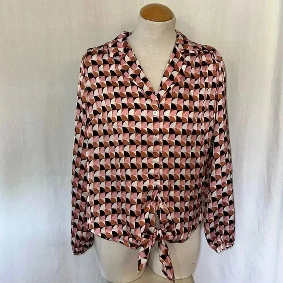 Tops - Woman’s blouse shirt top button up pattern tie detail abstract pattern